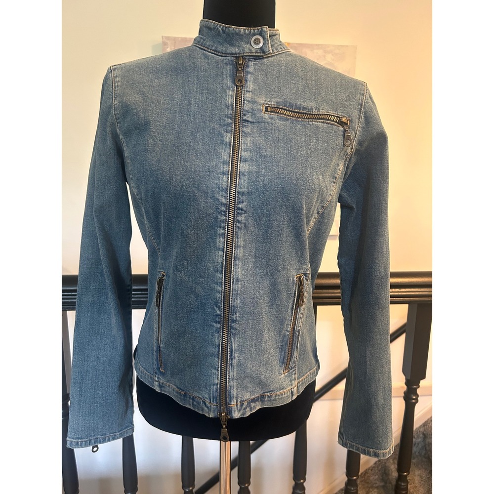 Think Tank Womens Denim Moto Jacket Medium Wash Mock Neck Zip Front XS vintage